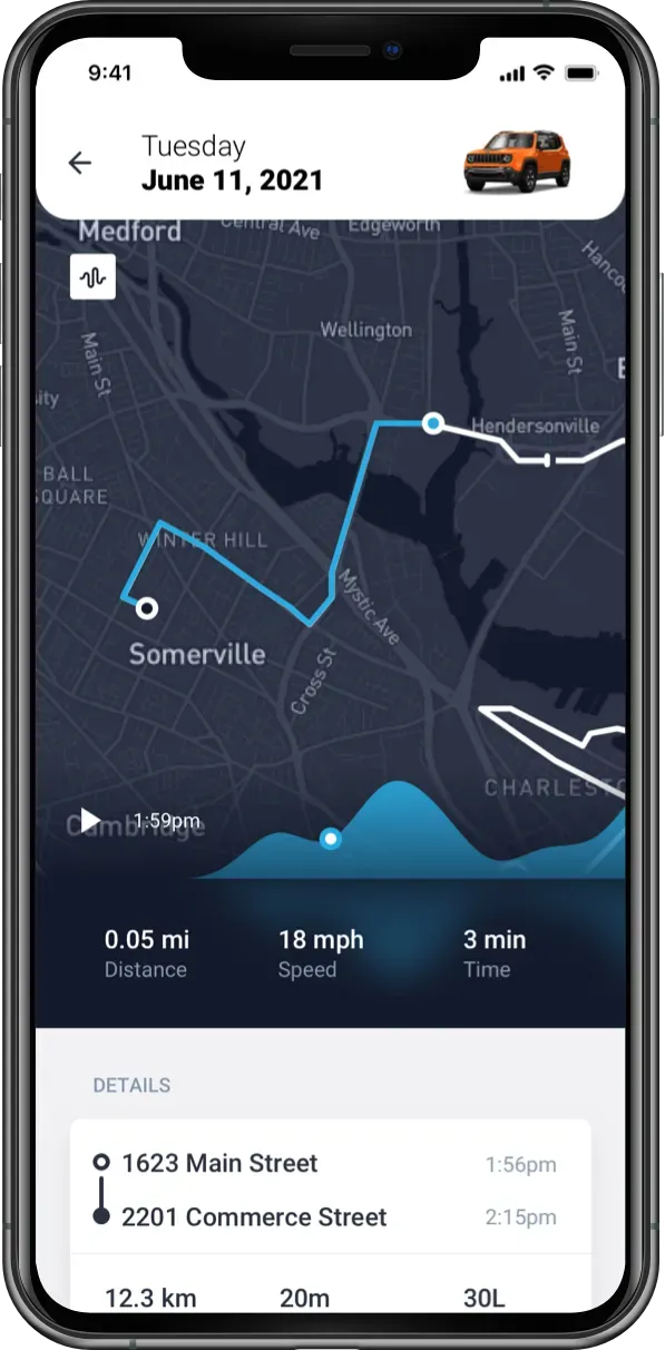 driver mobile application showing route tracking quality produced by an aftermarket telematics device