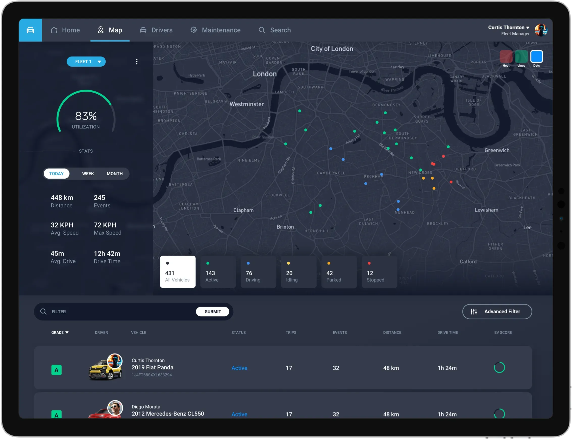 software screenshot of fleet manager application map view