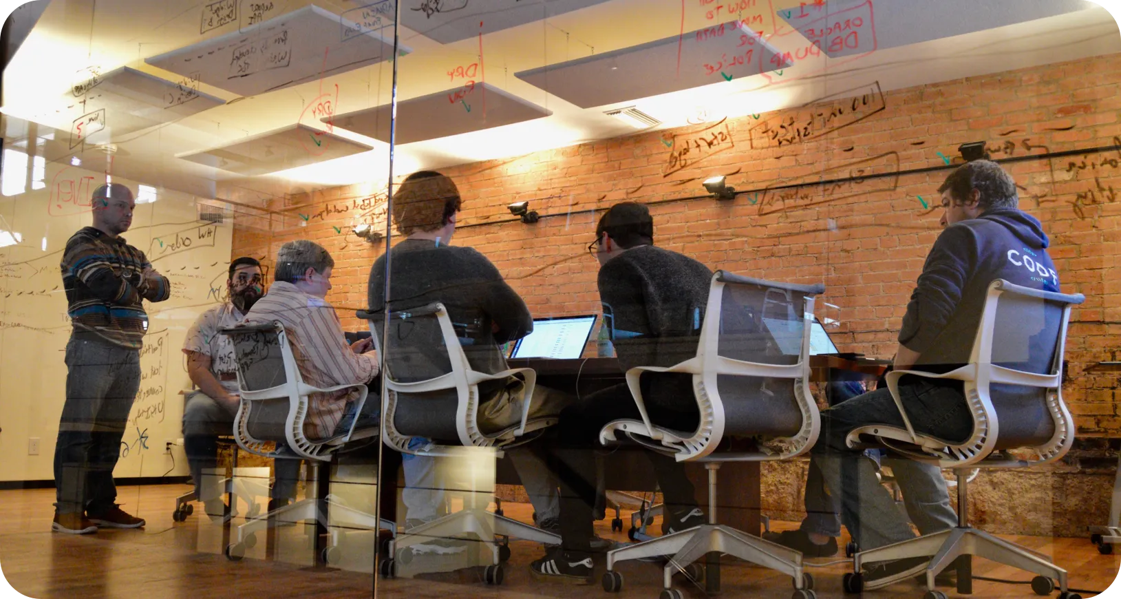 Vinli team in conference room with lots of dry erase drawings on glass panes